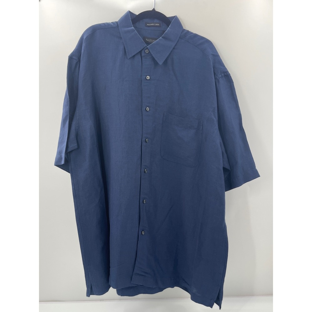 Van Heusen Mens XL Navy Blue Washable Linen Rayon Short Sleeve Button Down Shirt